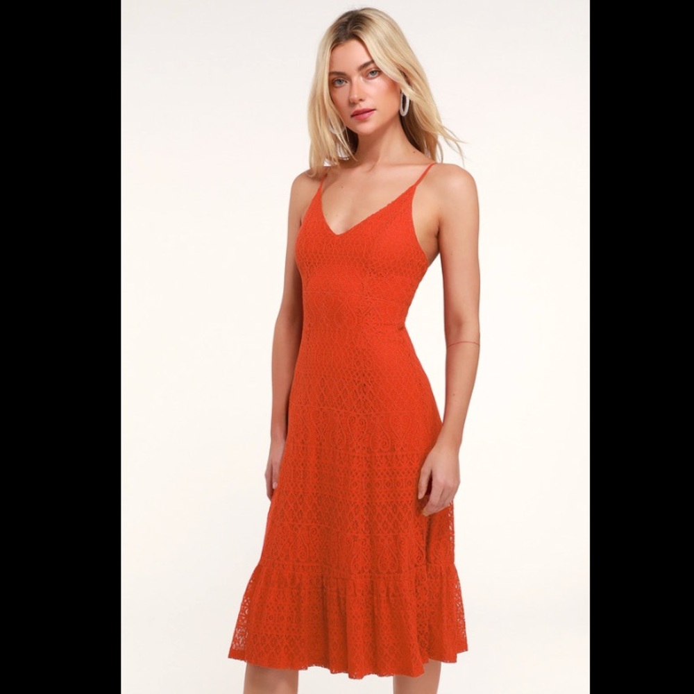 Lulus Happy Glow Lucky Orange Lace Midi Dress
